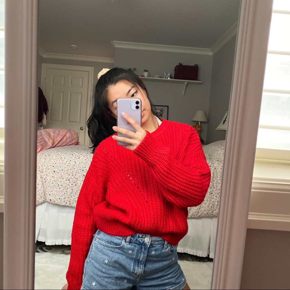 Red Chunky Knit Cropped Sweater
